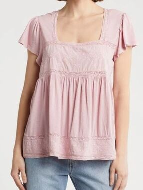 Lucky Brand Pink Cottagecore Top S Boho Babydoll Slub Lightweight Cotton Blend